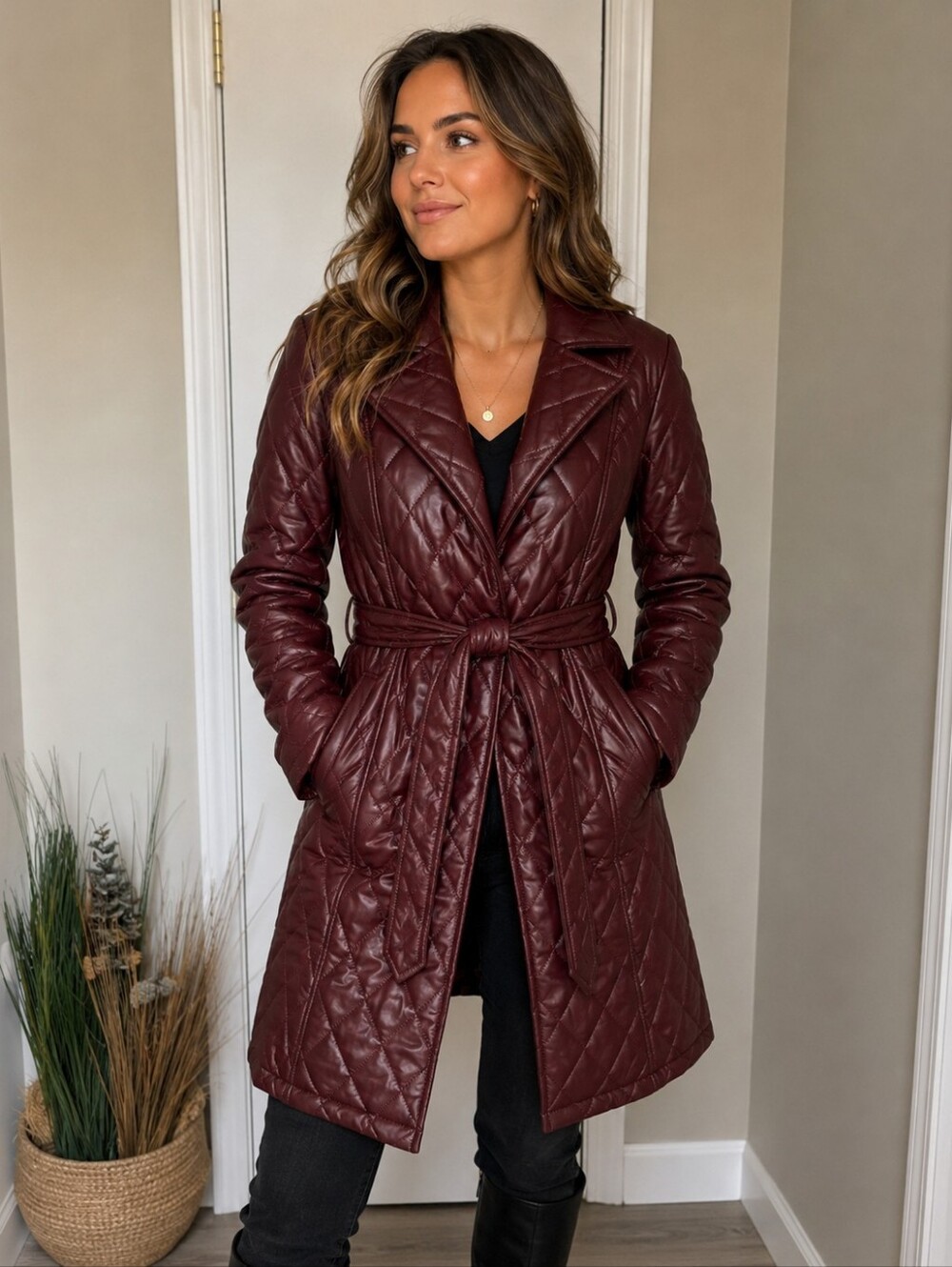 Badgley Mischka Yolanda Wine  Diamond Embossed Faux Leather Trench Coat Xl